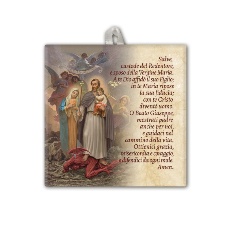 Piastrella di San Giuseppe protettore della Sacra Famiglia 10 x 10 cm con occhiello in raso Piastrella di San Giuseppe protettore della Sacra Famiglia 10 x 10 cm con occhiello in raso