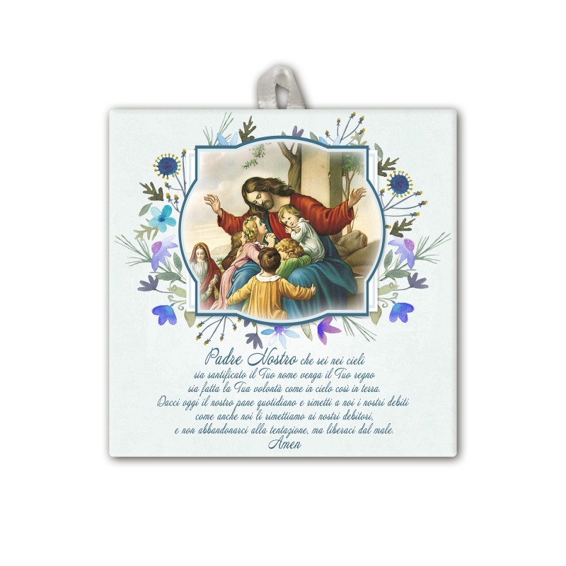 Piastrella di Gesù con i pargoli 10 x 10 cm con occhiello in raso Piastrella di Gesù con i pargoli 10 x 10 cm con occhiello in raso