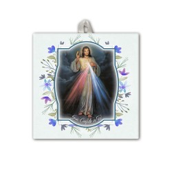 Piastrella di Gesù Misericordioso 10 x 10 cm con occhiello in raso