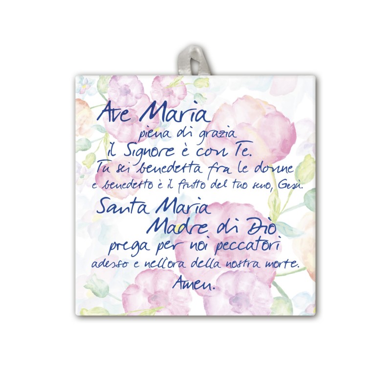 Piastrella con Ave Maria 10 x 10 cm con occhiello in raso Piastrella con Ave Maria 10 x 10 cm con occhiello in raso