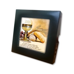 Piastrella con i simboli eucaristici della Prima Comunione 10 x 10 cm in scatola regalo