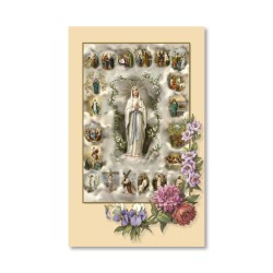 Santino dai toni pastello della Madonna di Lourdes con i Misteri del Rosario