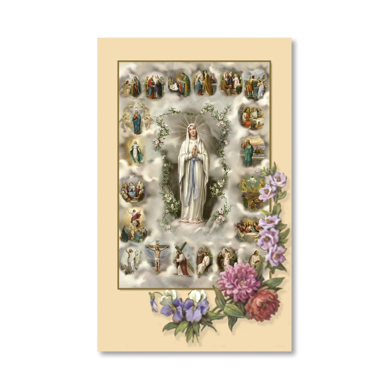 Santino dai toni pastello della Madonna di Lourdes con i Misteri del Rosario Santino dai toni pastello della Madonna di Lourdes con i Misteri del Rosario