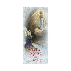 Segnalibro in pregiato cartoncino perlato della Madonna di Lourdes con preghiera a retro