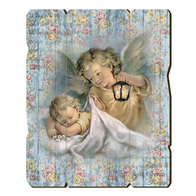 Quadro in legno sagomato stile vintage dell'Angelo con lanterna Quadro in legno sagomato stile vintage dell'Angelo con lanterna
