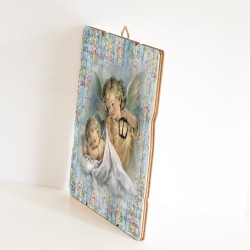 Quadro in legno sagomato stile vintage dell'Angelo con lanterna