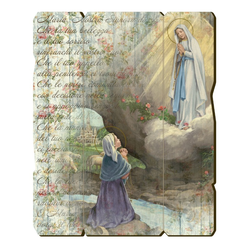 Quadro in legno sagomato stile vintage della Madonna di Lourdes e Bernadette Quadro in legno sagomato stile vintage della Madonna di Lourdes e Bernadette