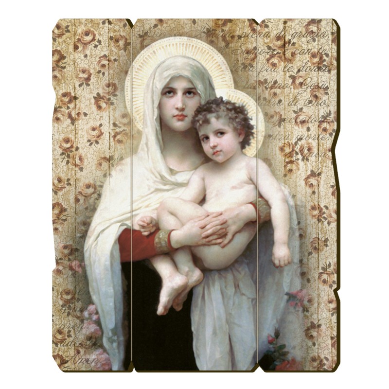 Quadro in legno sagomato stile vintage della Madonna con bambino Quadro in legno sagomato stile vintage della Madonna con bambino