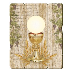 Quadro in legno sagomato stile vintage con i simboli eucaristici della Prima Comunione