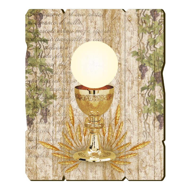 Quadro in legno sagomato stile vintage con i simboli eucaristici della Prima Comunione Quadro in legno sagomato stile vintage con i simboli eucaristici della Prima Comunione