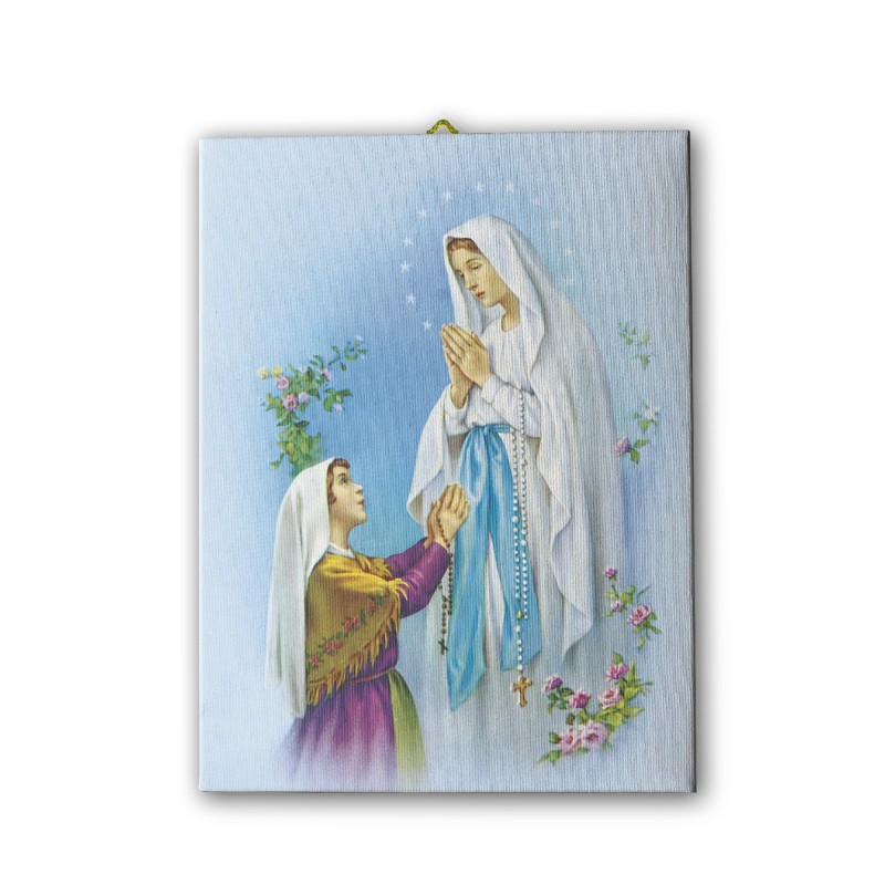 Tela pittorica intelaiata della Madonna di Lourdes e Bernadette Tela pittorica intelaiata della Madonna di Lourdes e Bernadette