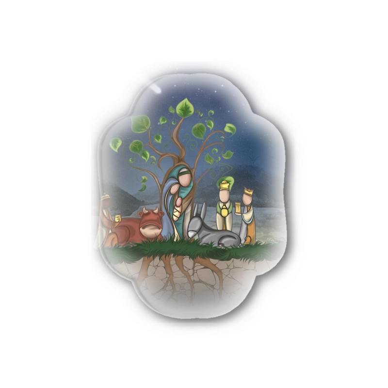 Soprammobile magnetico sagomato in resina porcellanata con presepe e albero della vita Soprammobile magnetico sagomato in resina porcellanata con presepe e albero della vita