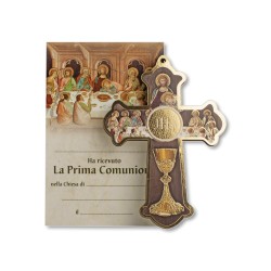 Croce di Prima Comunione in legno con Ultima Cena e calice con diploma