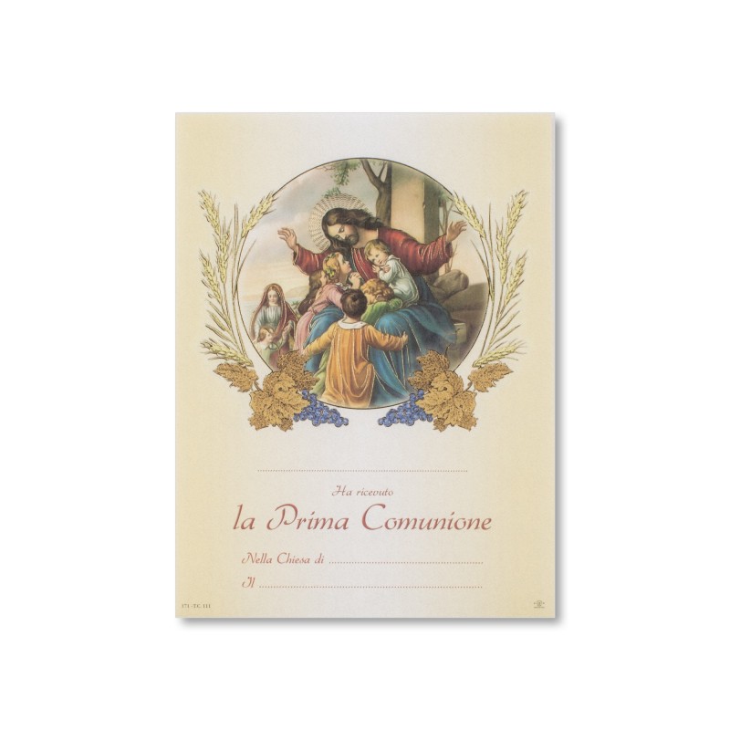 Diploma in carta pergamena per il ricevimento della Prima Comunione con Gesù e i pargoli Diploma in carta pergamena per il ricevimento della Prima Comunione con Gesù e i pargoli