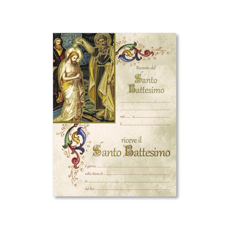 Diploma in carta pergamena in ricordo del Battesimo con l'immagine del Battesimo di Gesù nelle acque del Giordano Diploma in carta pergamena in ricordo del Battesimo con l'immagine del Battesimo di Gesù nelle acque del Giordano
