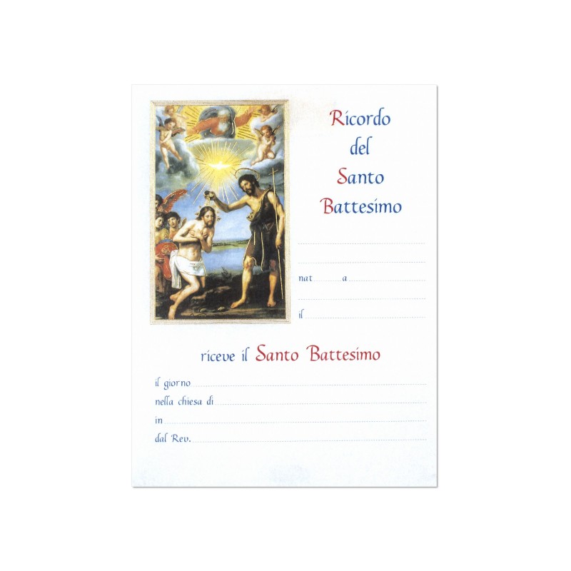 Diploma in carta pergamena in ricordo del Battesimo con l'immagine del Battesimo di Gesù nelle acque del Giordano Diploma in carta pergamena in ricordo del Battesimo con l'immagine del Battesimo di Gesù nelle acque del Giordano