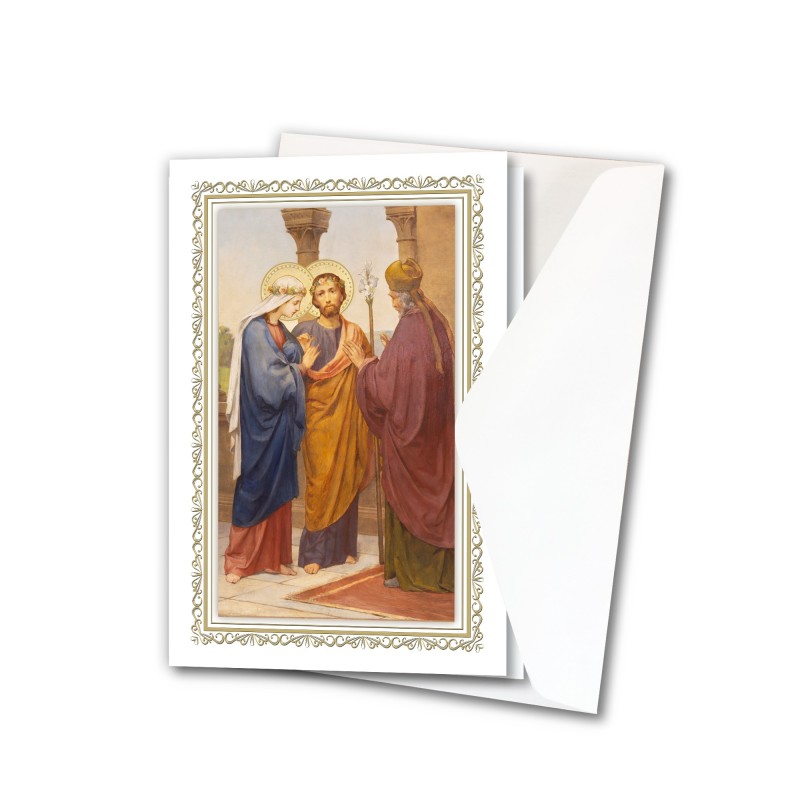 Biglietto con cornice in oro a caldo che ritrae il matrimonio della Vergine Maria e San Giuseppe Biglietto con cornice in oro a caldo che ritrae il matrimonio della Vergine Maria e San Giuseppe