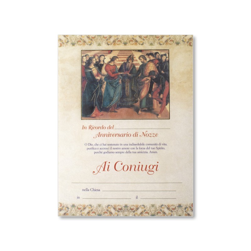 Diploma in carta pergamena in ricordo dell'Anniversario di nozze con lo Sposalizio della Vergine di Raffaello Diploma in carta pergamena in ricordo dell'Anniversario di nozze con lo Sposalizio della Vergine di Raffaello