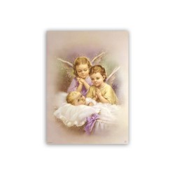 Poster con oro a caldo con l'immagine degli Angeli che vegliano il bimbo nella culla