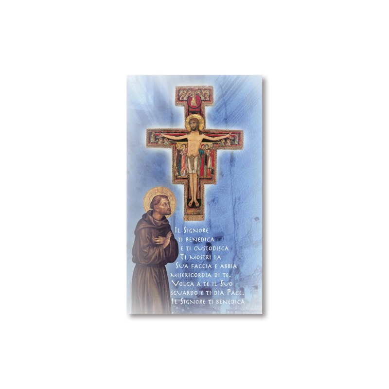 Santino San Francesco d'Assisi in preghiera davanti al Crocefisso di San Damiano con preghiera Santino San Francesco d'Assisi in preghiera davanti al Crocefisso di San Damiano con preghiera