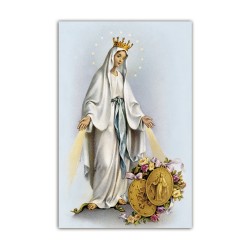 Stampa in formato postale con la Madonna Miracolosa e le medaglie in un delicato sfondo azzurro