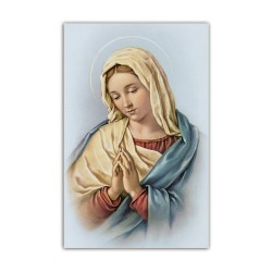 Stampa in formato postale con la Madonna che prega in un delicato sfondo azzurro