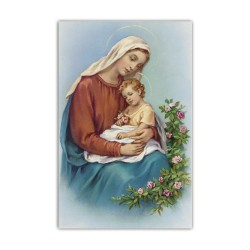 Stampa in formato postale con la Madonna con bambino in un delicato sfondo azzurro