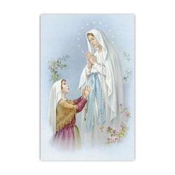 Stampa in formato postale con la Madonna di Lourdes e Bernadette in un delicato sfondo azzurro