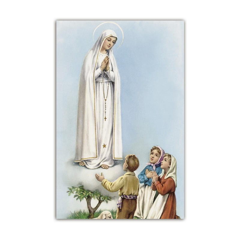 Stampa in formato postale con l'Apparizione di Fatima ai pastorelli in un delicato sfondo azzurro Stampa in formato postale con l'Apparizione di Fatima ai pastorelli in un delicato sfondo azzurro