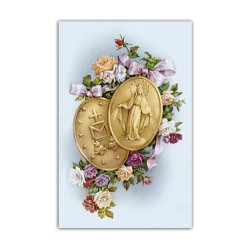 Stampa in formato postale con le medaglie della Madonna Miracolosa in un delicato sfondo azzurro