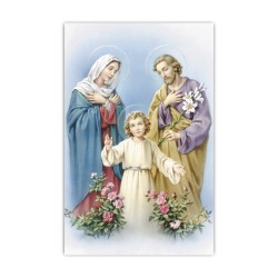 Stampa in formato postale con la Sacra Famiglia in un delicato sfondo azzurro