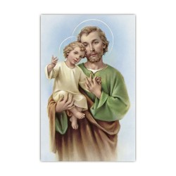 Stampa in formato postale con San Giuseppe con in braccio Gesù Bambino in un delicato sfondo azzurro