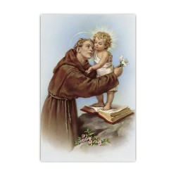 Stampa in formato postale con Sant'Antonio e Gesù Bambino in un delicato sfondo azzurro