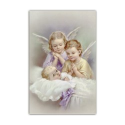 Stampa in formato postale con l'immagine di due angioletti che vegliano il bimbo nella culla