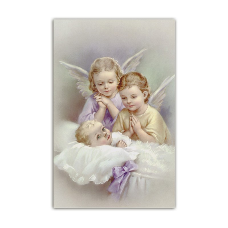 Stampa in formato postale con l'immagine di due angioletti che vegliano il bimbo nella culla Stampa in formato postale con l'immagine di due angioletti che vegliano il bimbo nella culla