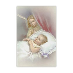 Stampa in formato postale con l'immagine dell'angioletto che veglia un bambino nella culla