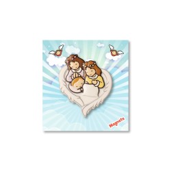 Magnete in resina con due angeli che vegliano il bambino che dorme. Fino ad esaurimento scorte.