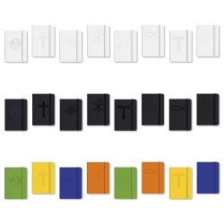 Scatola espositore da 24 taccuini assortiti in 6 colori e 8 simboli religiosi.