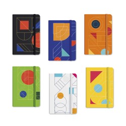 Scatola espositore da 24 taccuini assortiti in 6 colori e 6 geometrie a rilievo.