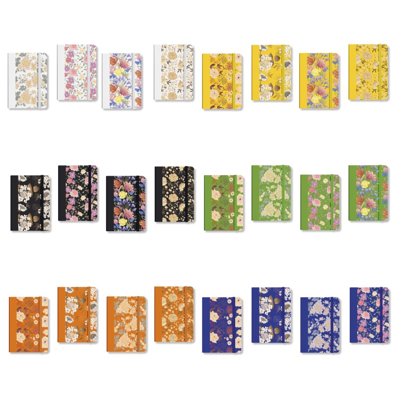 Scatola espositore da 24 taccuini assortiti in 6 colori e 6 pattern floreali. Scatola espositore da 24 taccuini assortiti in 6 colori e 6 pattern floreali.