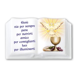 Magnete in resina porcellanata a forma di libro con simboli eucaristici della Prima Comunione e Cresima