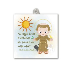Piastrella con frase San Francesco d'Assisi 10 x 10 cm con occhiello in raso