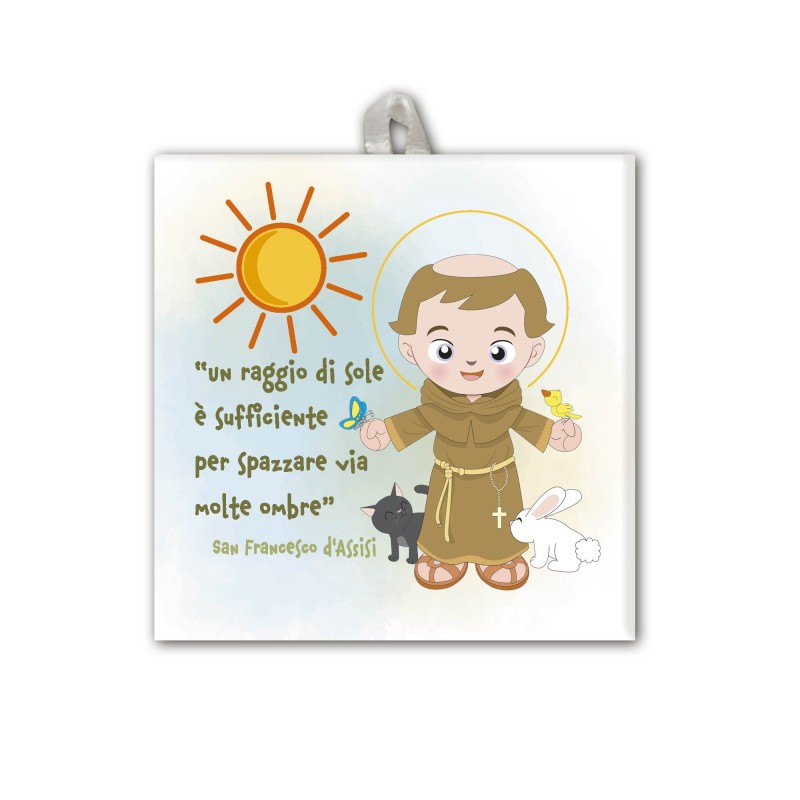 Piastrella con frase San Francesco d'Assisi 10 x 10 cm con occhiello in raso Piastrella con frase San Francesco d'Assisi 10 x 10 cm con occhiello in raso