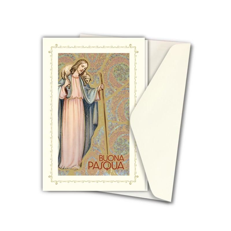 Biglietto in carta telata con applicazione dell'immaginetta raffigurante Gesù Buon Pastore Biglietto in carta telata con applicazione dell'immaginetta raffigurante Gesù Buon Pastore