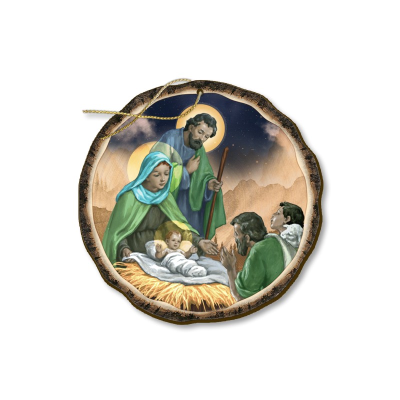 Decorazione natalizia stampata direttamente su legno con Natività e pastori