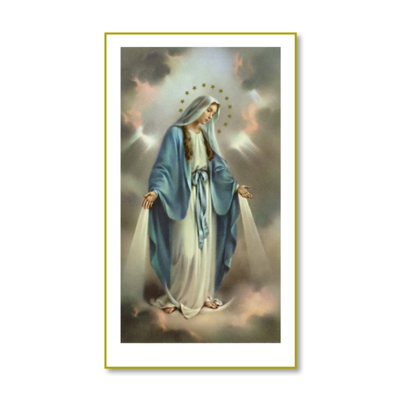 Santino con cornice bianca e bordino dorato della Madonna Miracolosa