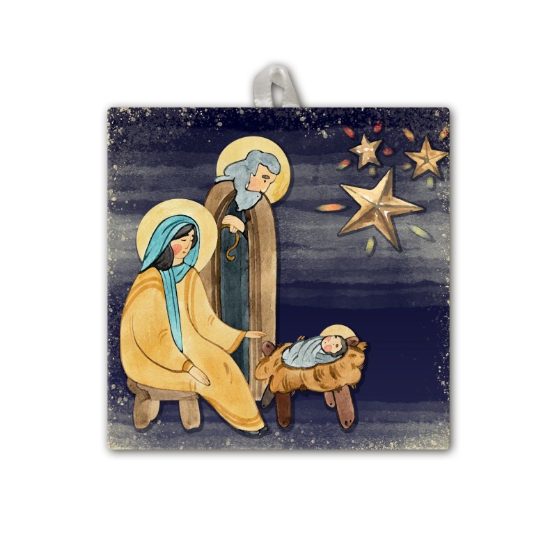 Piastrella Sacra Famiglia 10 x 10 cm con occhiello in raso in scatola regalo Piastrella Sacra Famiglia 10 x 10 cm con occhiello in raso in scatola regalo