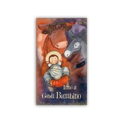 Santino con illustrazione moderna di Gesù Bambino, bue e asinello