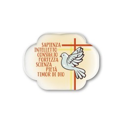 Soprammobile magnetico sagomato in resina porcellanata con i simboli eucaristici della Cresima