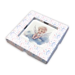 Quadretto in legno angioletto con fiore con scatola regalo